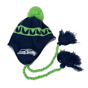 New Era Seattle Seahawks Jacquard Tassel Beanie Hat with Pom Blue Green Youth